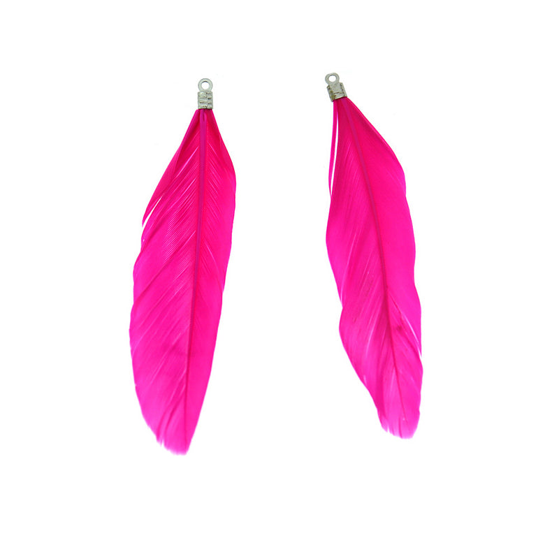 Feather Pendants - Silver Tone and Hot Pink - 12 Pieces - Z1477