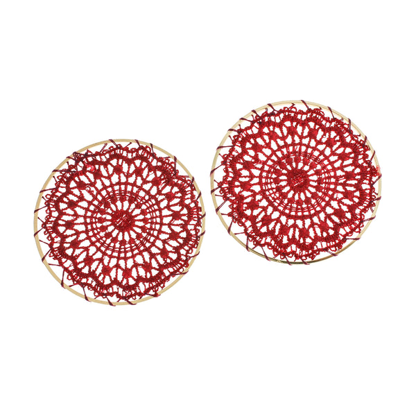 2 Ruby Red Woven Lace Flower Gold Tone Pendants - TSP219-H