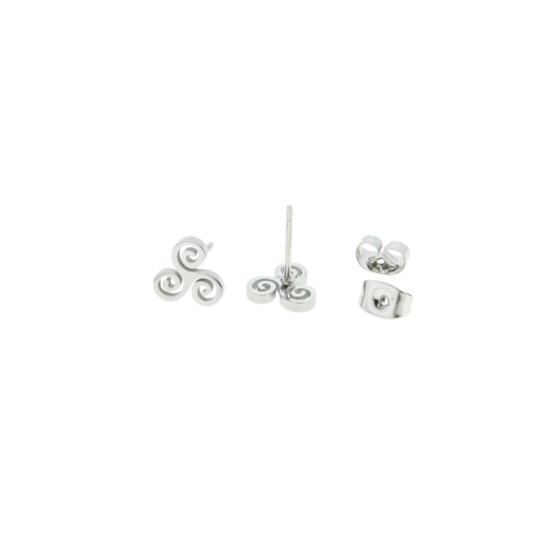 Stainless Steel Earrings - Triskele Triple Spiral Studs - 9mm x 8.5mm - 2 Pieces 1 Pair - ER029