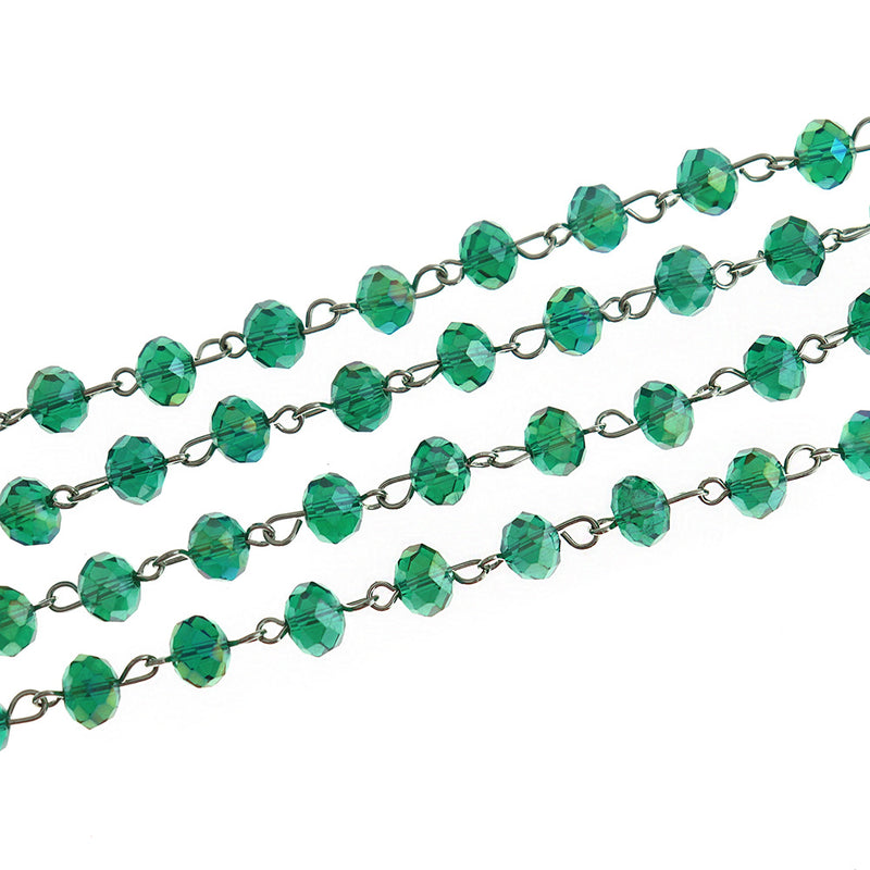 BULK Beaded Rosary Chain - 8mm Rondelle Green Glass & Silver Tone - 3.3ft or 1m - RC049