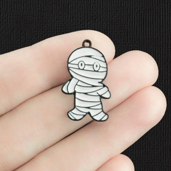 2 Halloween Mummy Black Enamel Charms - E1329