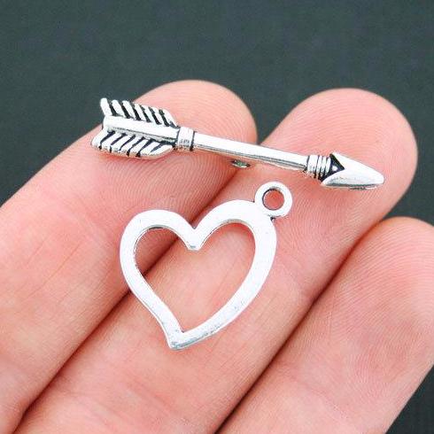 Heart and Arrow Silver Tone Toggle Clasps 20mm x 19mm - 8 Sets 16 Pieces - SC5051
