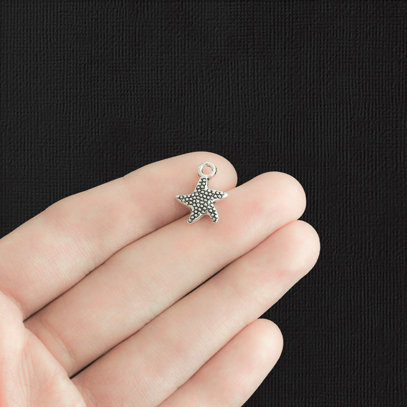 10 Starfish Antique Silver Tone Charms 2 Sided - SC4116