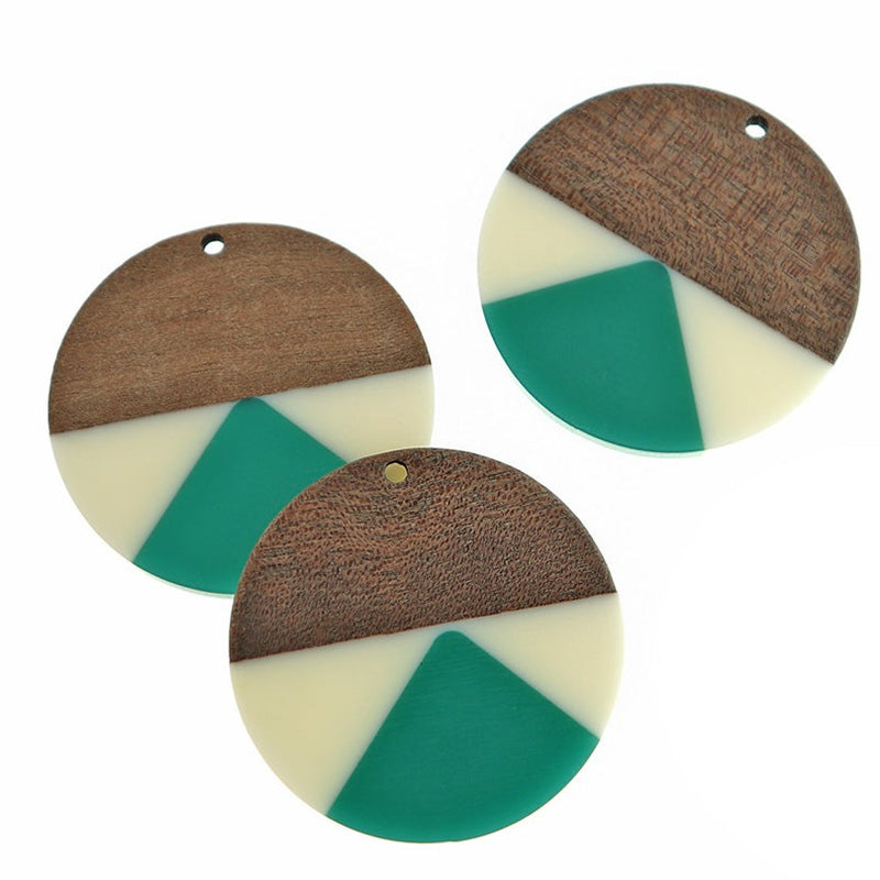 Round Natural Wood and Resin Charm 38mm - Green and White - WP529
