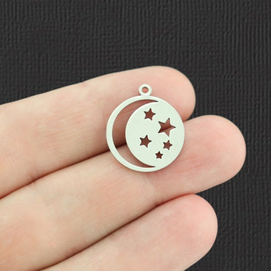 2 Crescent Moon Stars Silver Tone Stainless Steel Charms 2 Sided - SSP238