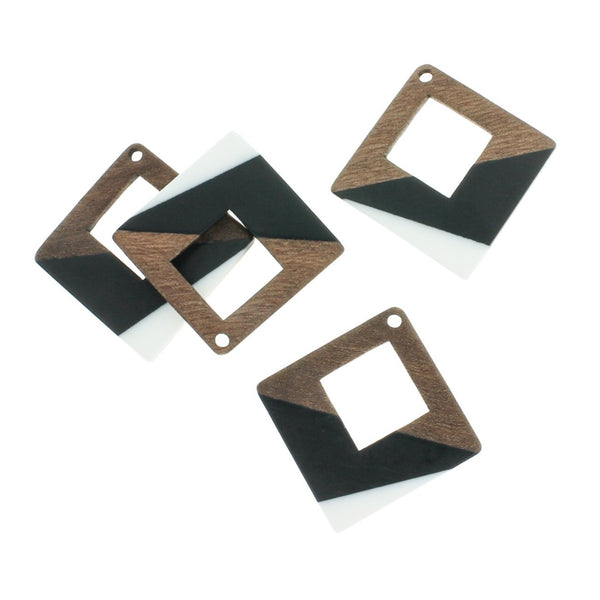 Rhombus Natural Wood and Black and White Resin Charm 37mm - WP302