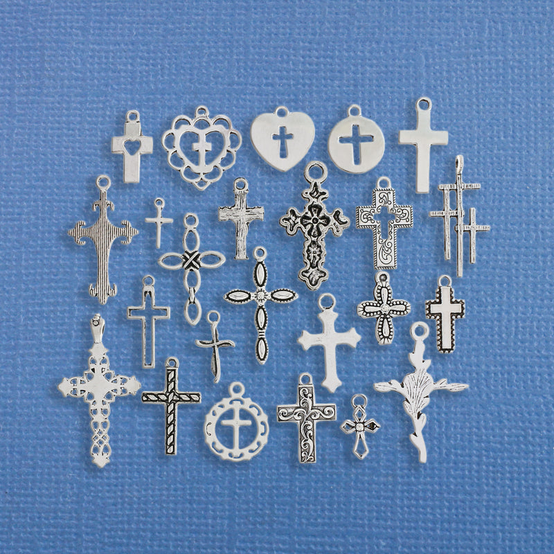 Deluxe Cross Charm Collection Antique Silver Tone 24 Different Charms - COL258