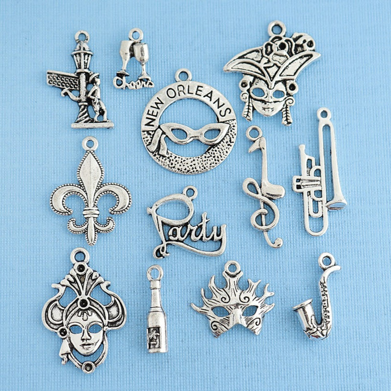 Mardi Gras Charm Collection Antique Silver Tone 12 Different Charms - COL303