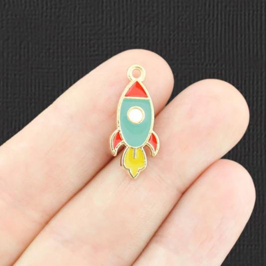 5 Rocket Ship Gold Tone Enamel Charms - E880