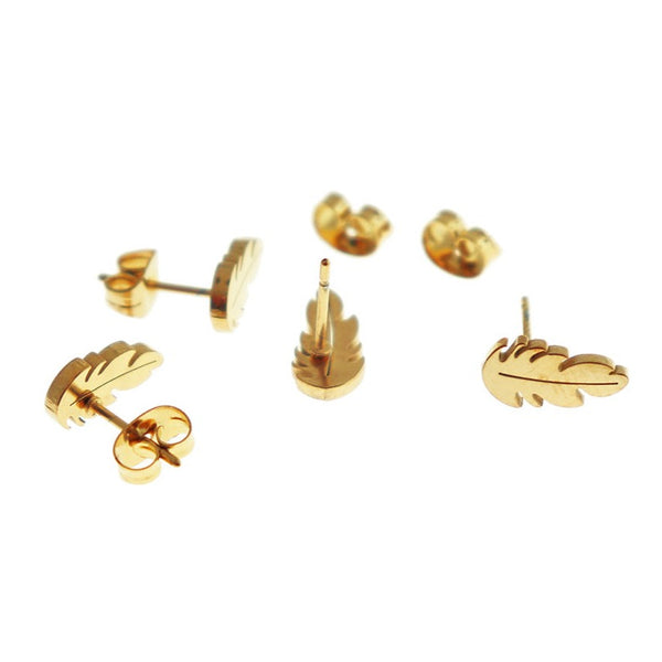 Boucles d'oreilles en acier inoxydable doré - Clous de plumes - 11 mm x 5 mm - 2 pièces 1 paire - ER638