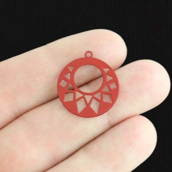 6 Geometric Round Red Enamel Charms 2 Sided - E1496