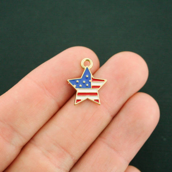 5 American Flag Gold Tone Enamel Charms - E305