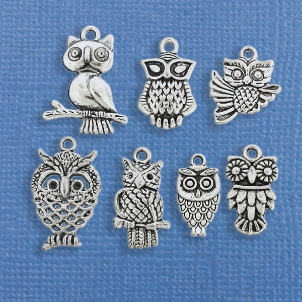 Owl Charm Collection Ton argent antique 7 breloques différentes - COL238