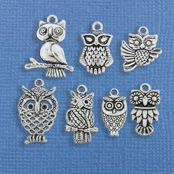 Owl Charm Collection Antique Silver Tone 7 Different Charms - COL238