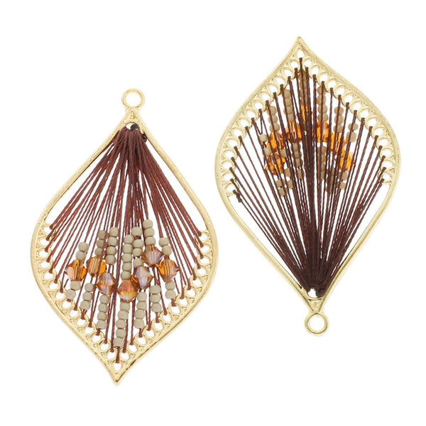 Brown Beaded Woven Gold Tone Pendant - TSP282