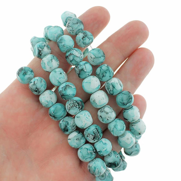 Perles en Verre à Facettes 10mm - Marbre Vert Paon - 1 Rang 86 Perles - BD463