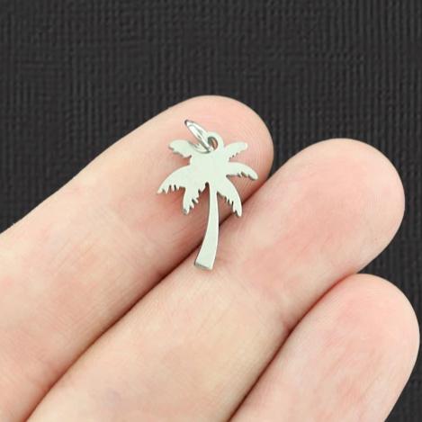 2 Palm Tree Silver Tone Stainless Steel Charms 2 Sided - SSP039
