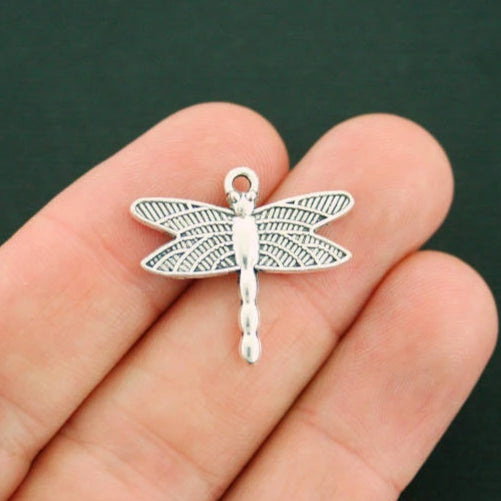 6 Dragonfly Antique Silver Tone Charms 2 Sided - SC1704