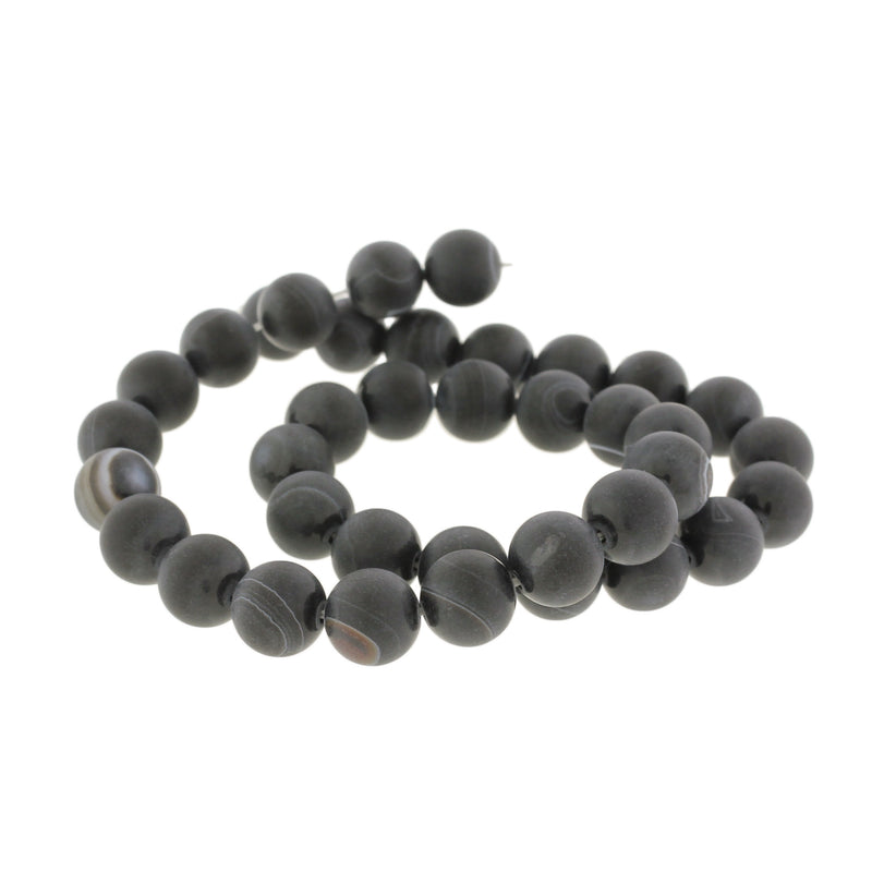 Round Natural Agate Beads 10mm - Frosted Black Marble - 1 Strand 36 Beads - BD1419