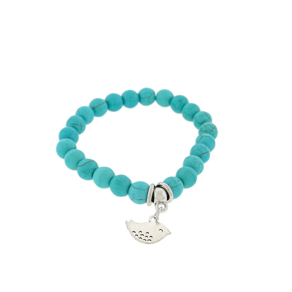 Bracelets de perles rondes en howlite bleue 50 mm - Turquoise avec breloque - 5 bracelets - BB222