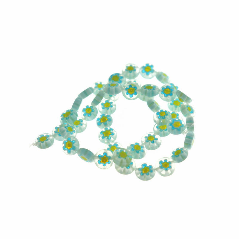 Perles de Verre Plates 8mm x 4mm - Millefiori Floral Cyan - 1 Rang 53 Perles - BD036