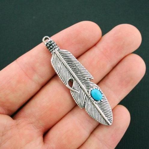 Feather Antique Silver Tone Charm with Imitation Turquoise - SC5963
