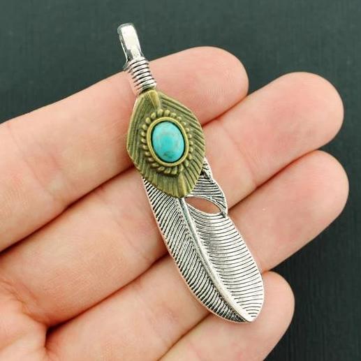Feather Antique Silver and Bronze Tone With Imitation Turquoise - SC4733