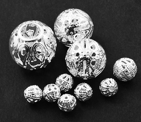 Round Spacer Beads Assorted Sizes - Silver Tone - 50 Beads - FD113