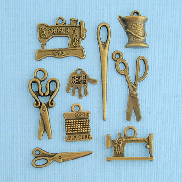 Sewing Charm Collection Antique Bronze 9 Different Charms - COL090
