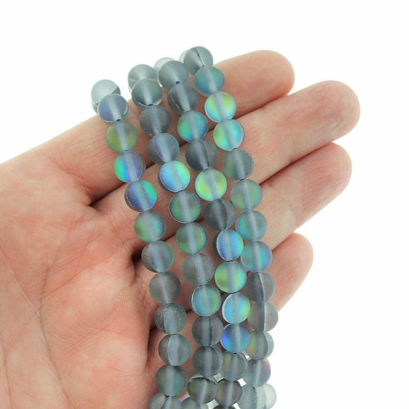 Round Glass Beads 8mm - Frosted Electroplated Imitation Grey Moonstone - 1 Strand 48 Beads - BD520