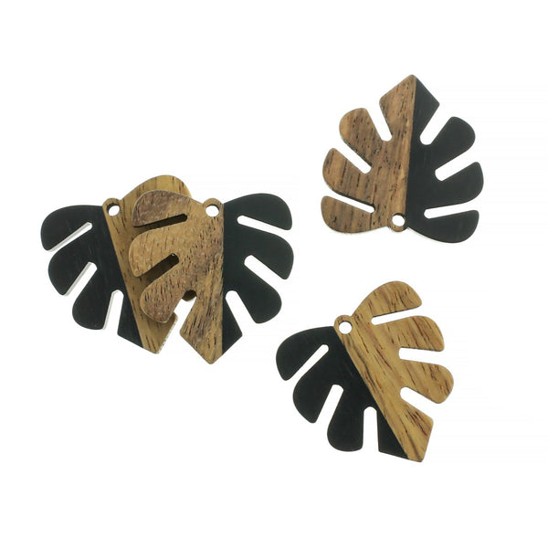 Tropical Leaf Natural Wood and Black Resin Charm 30mm - WP201