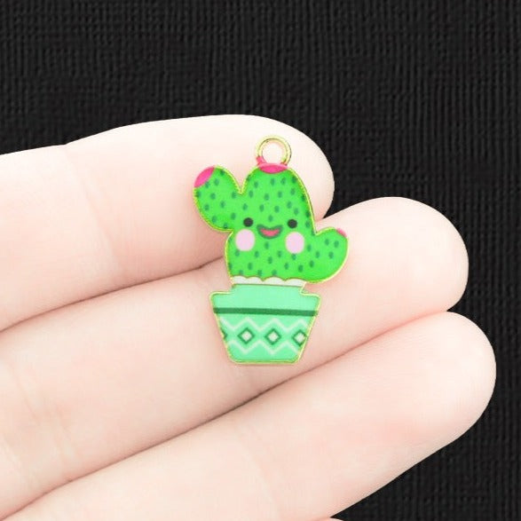 4 Cactus Gold Tone Enamel Charms - E065