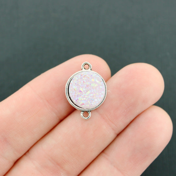 5 Druzy Connector Antique Silver Tone and Resin Cabochon Charms - Z583