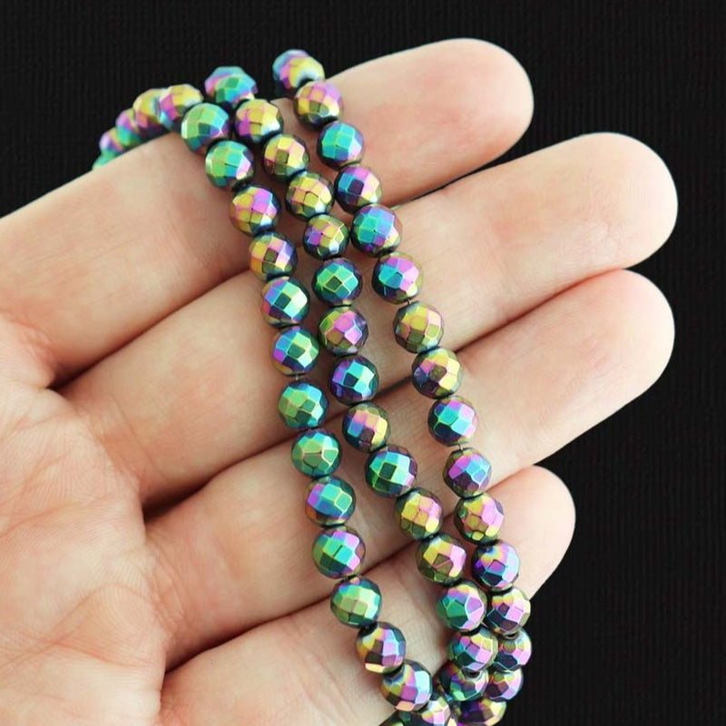 Faceted Hematite Beads 6mm - Electroplated Rainbow - 50 Beads - BD481