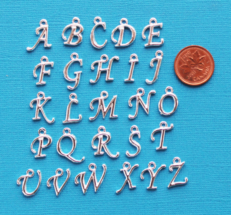26 Alphabet Cursive Letter Silver Tone Charms - 1 Set - ALPHA800