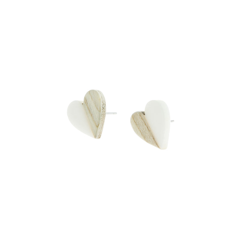 Wood Stainless Steel Earrings - White Resin Heart Studs - 15mm x 14mm - 2 Pieces 1 Pair - ER127