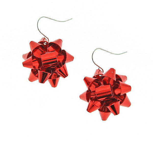 Red Christmas Bow Earrings - Silver Tone French Hook - 2 Pieces 1 Pair - Z1622