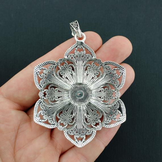 Filigree Flower Antique Silver Tone With Imitation Turquoise - SC6513