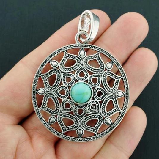 Filigree Antique Silver Tone Charm with Imitation Turquoise - SC6681