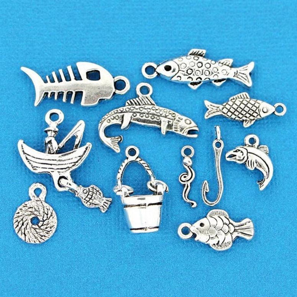 Fishing Charm Collection Antique Silver Tone 11 Different Charms - COL095
