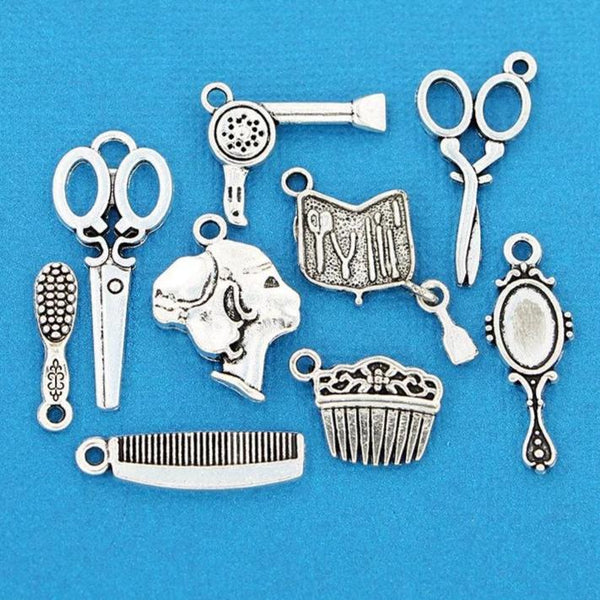 Hair Salon Charm Collection Ton argent antique 9 breloques différentes - COL076