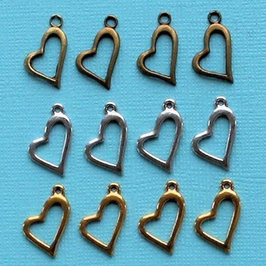 Heart Charm Collection Antique Gold Bronze and Silver Tone 12 Charms - COL241