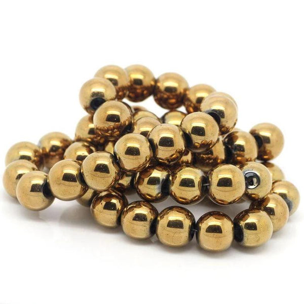 Round Imitation Hematite Beads 10mm - Electroplated Gold - 1 Strand 40 Beads - BD588