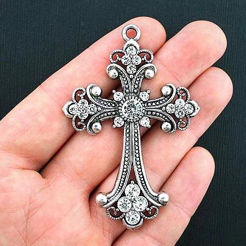Cross Antique Silver Tone Charm with Inset Rhinestones - SC3783
