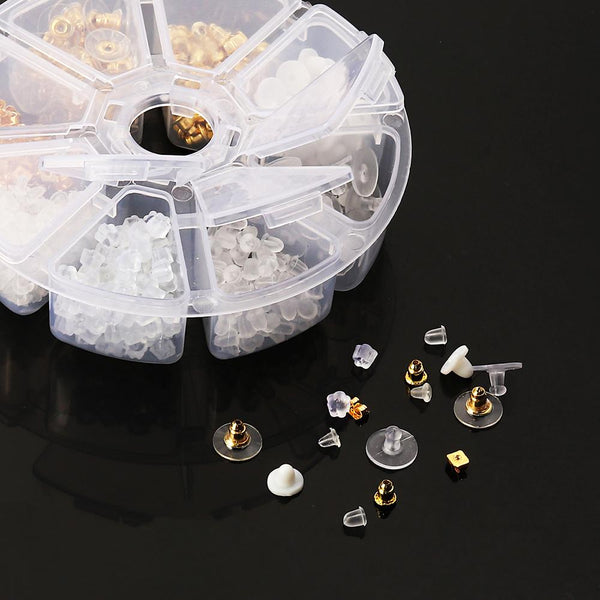 Jewelry Making Starter Kit - Assorted Styles of Earring Backs in Handy Storage Box - 565 pieces - 8 Different Jewelry Basics - Gold Tone, Clear, and White - STARTER24