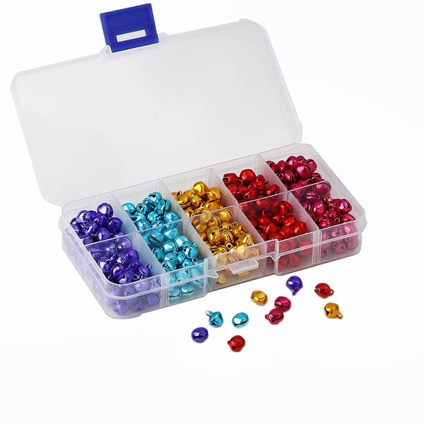 Jingle Bells 9mm x 8mm in 5 Assorted Festive Colors - 300 Charms - Aluminum in Handy Storage Box - STARTER25