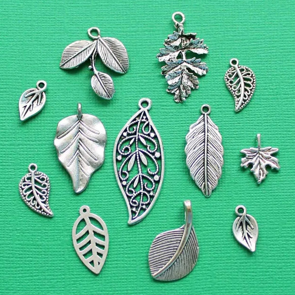 Leaf Charm Collection Antique Silver Tone 12 Charms - COL022