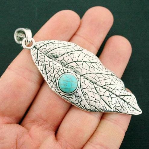 Leaf Antique Silver Tone Charm With Imitation Turquoise - SC6518