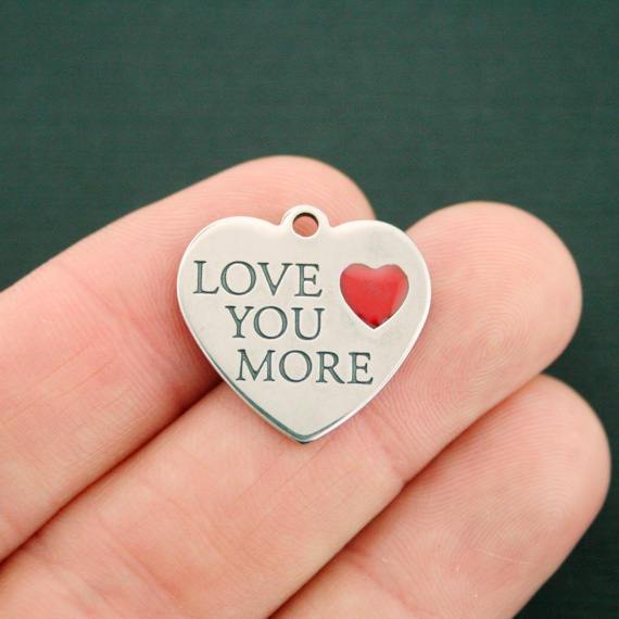 Love You More Heart Silver Tone Stainless Steel Charms - MT616