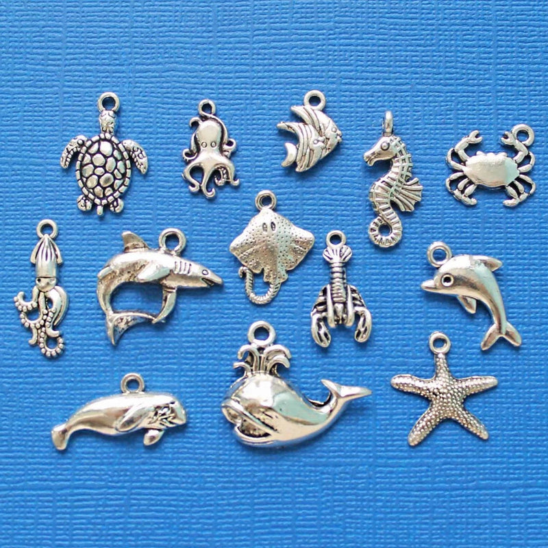 Marine Life Charm Collection Antique Silver Tone 13 Different Charms - COL087